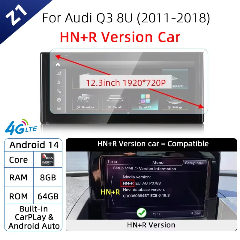 Android 14 sans fil CarPlay pour Audi Q3 8U 2011-2018 écran tactile Navigation WiFi DSP multimédia lecteur Radio accessoires