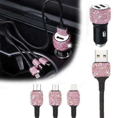 Chargeur de voiture USB rose cristal diamant 5V 2,1 a, double Port, adaptateur de charge rapide, câble 3 en 1 pour IPhone Samsung Huawei