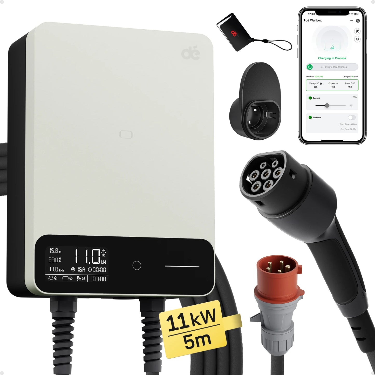 dé Wallbox 11kW blanc avec APP chargeur de véhicule électrique domestique 5m 7,5m câble de chargement CEE à Type 2 chargeur EV 16A triphasé EVSE