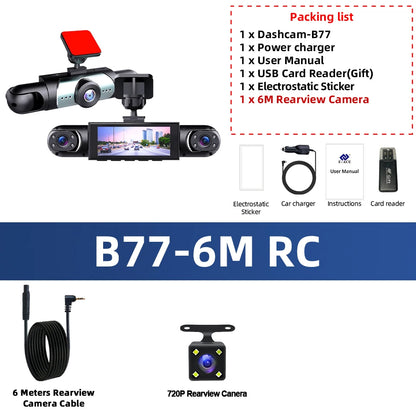 Caméra de tableau de bord à 3 objectifs HD 1080P, enregistrement en boucle, capteur G en option, surveillance à 4 objectifs, enregistreur de conduite 360 °   Angle de vision