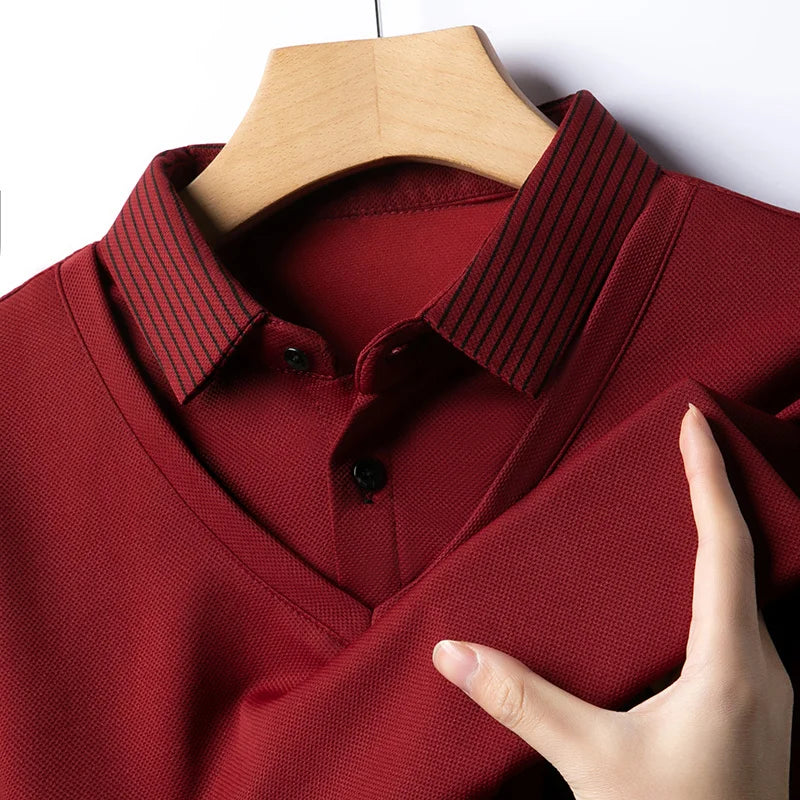 Polo à manches longues pour hommes, décontracté et à la mode, couleur unie, faux deux pièces, Business, toutes saisons, haut polyvalent, nouvelle collection 2025