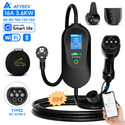 شاحن سيارة كهربائية محمول AFYEEV 3600W من النوع 2 IEC62196-2، كابل شحن، قابس الاتحاد الأوروبي، واي فاي، بلوتوث، جهاز تحكم عن بعد Andrea