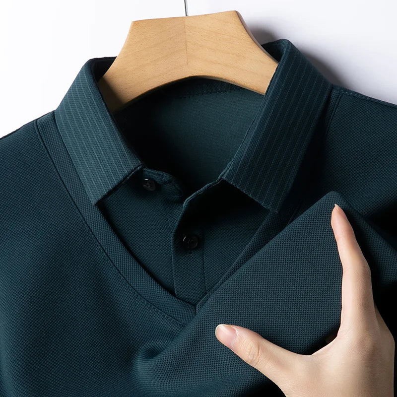 Polo à manches longues pour hommes, décontracté et à la mode, couleur unie, faux deux pièces, Business, toutes saisons, haut polyvalent, nouvelle collection 2025