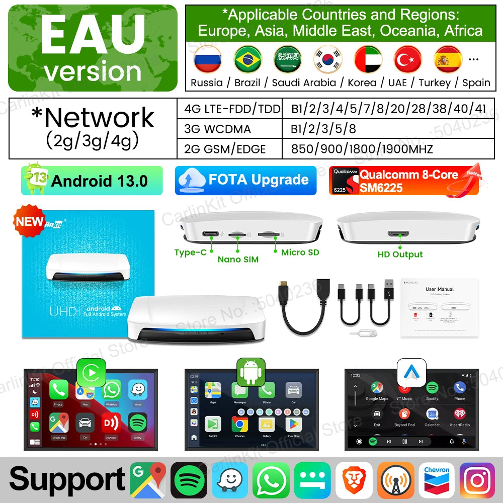 CarlinKit-Android 13 CarPlay AI Box, HDMI sans fil, Auto TV Video Box, Qualcomm SDM, Écran partagé 8 cœurs, Nouveau, 2026