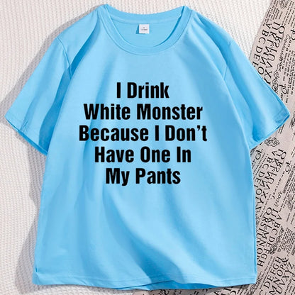 تي شيرت رجالي "I Drink White Monster" ملابس قطنية بأكمام قصيرة تي شيرت مضحك رسومات ملابس الشارع قطن ملابس كبيرة الحجم