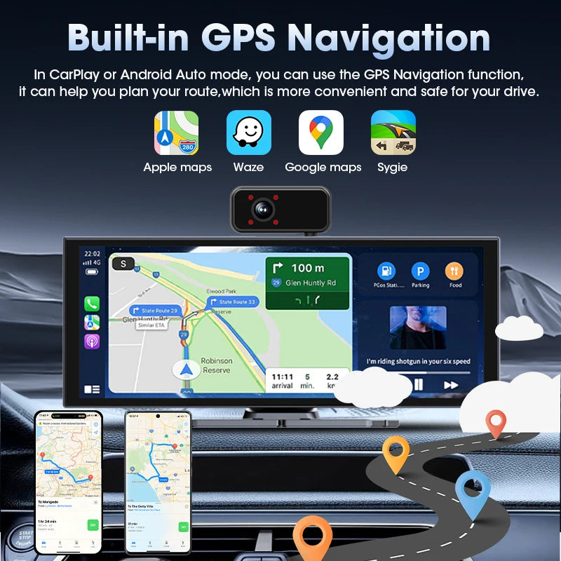 11.26 pouces Android 15 voiture DVR 4G + 64G WIFI sans fil Carplay Android Auto Dash Cam multimédia lecteur vidéo GPS Navigation BT AUX