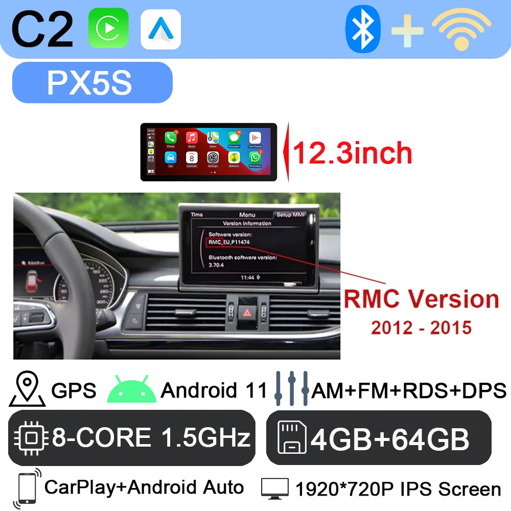 Android 13 sans fil Carplay 12.3 pouces pour Audi A6 C7 A7 2012-2018 autoradio multimédia Android Auto GPS 4G LTE DSP stéréo WiFi