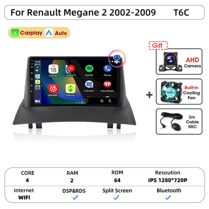 Android Carplay Auto pour Renault Megane 2 2002 2003 2004 2005 2006 2007 2008 2009 lecteur d'autoradio multimédia WIFI + 4G stéréo