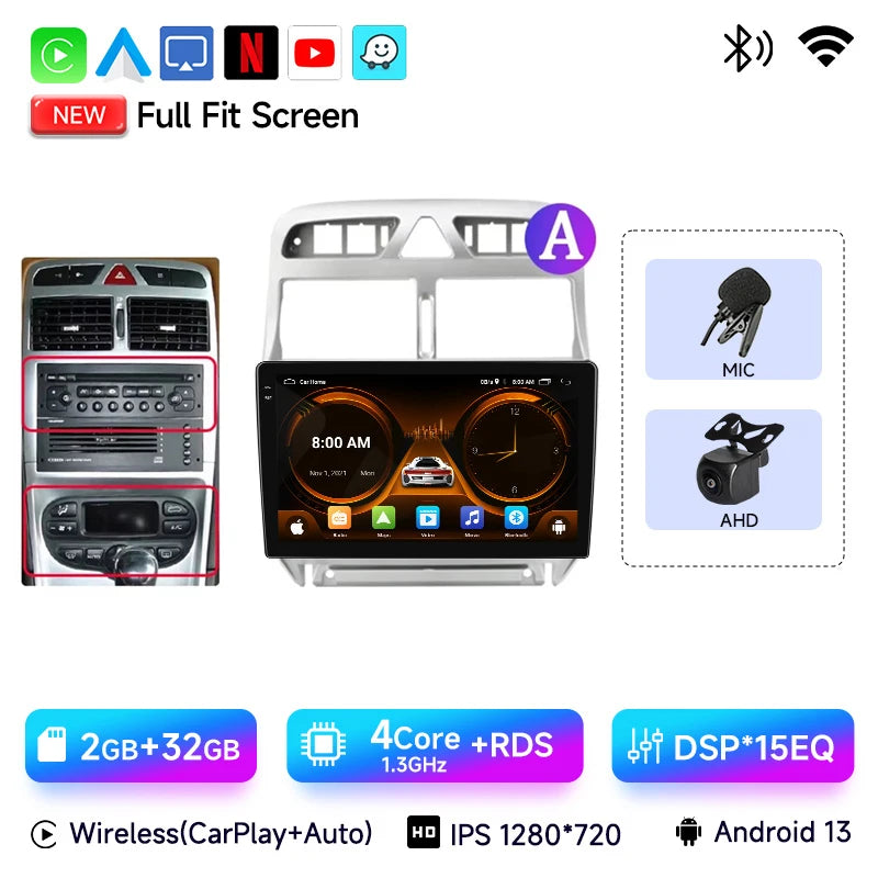 JIUYIN-Autoradio pour KIT 307, 307CC, 307SW, 2002-2013, CarPlay sans fil, Android Auto, systèmes intelligents de voiture, No 2 Din, DVD