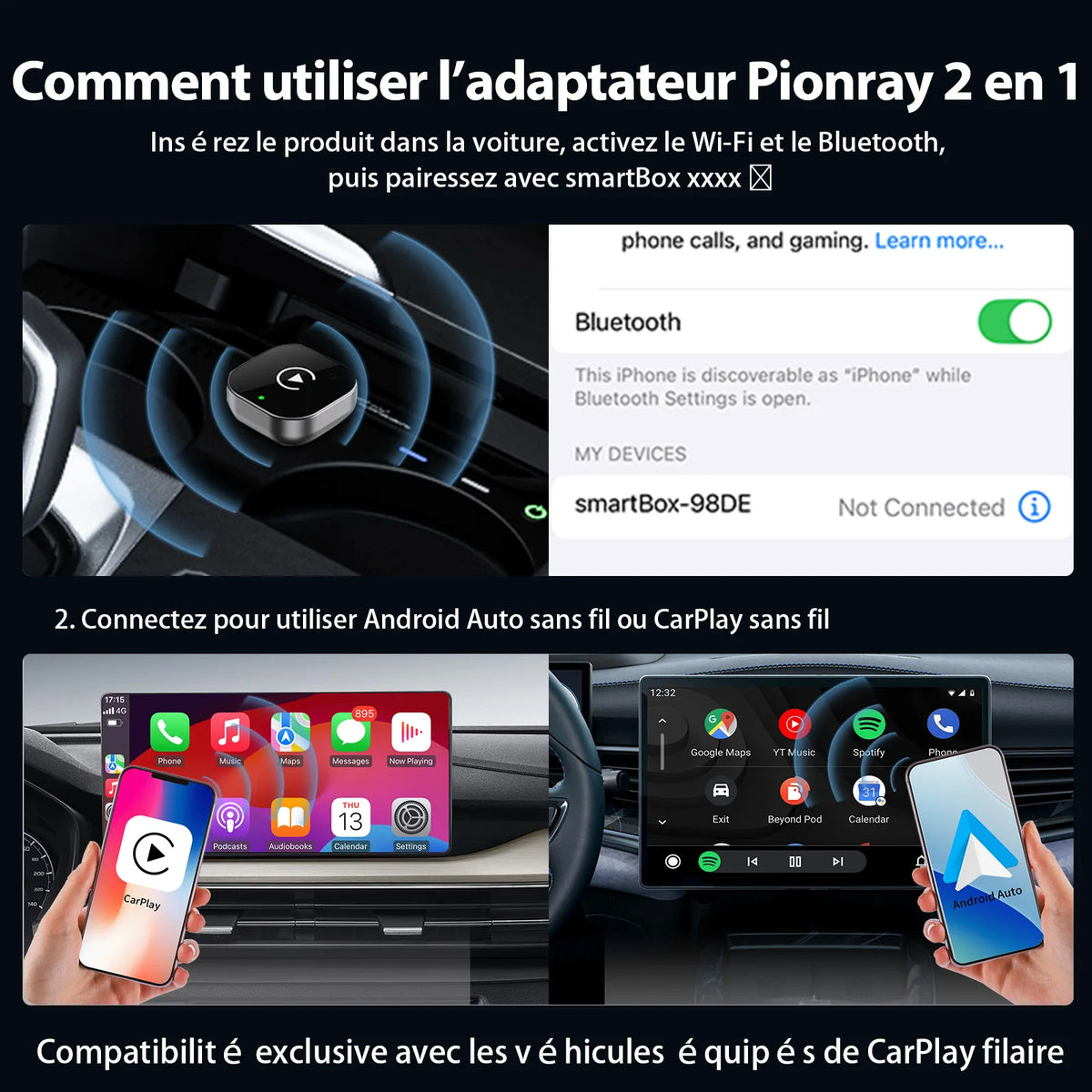 2026 Pionray 2 en 1 Adaptateur CarPlay / Android Auto Sans Fil - Connexion WiFi 5G Rapide - Plug and Play USB C