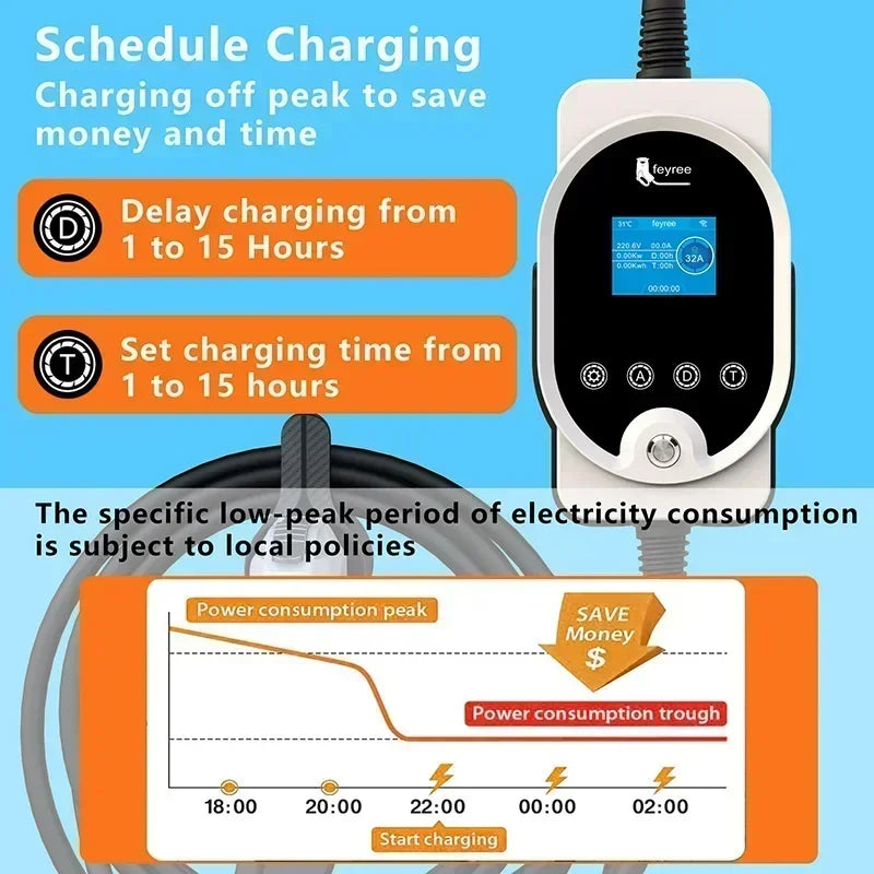 Fey123-Boîtier de charge pour véhicule électrique, prise EV, 7KW, 32A, réglable, version Bluetooth, ensemble de temps de charge, EVSE