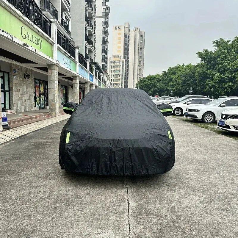 Juste de voiture noire extérieure complète, pare-soleil automatique, protection anti-poussière avec bandes de coulée, universelle pour URA, berline arrière, SUV