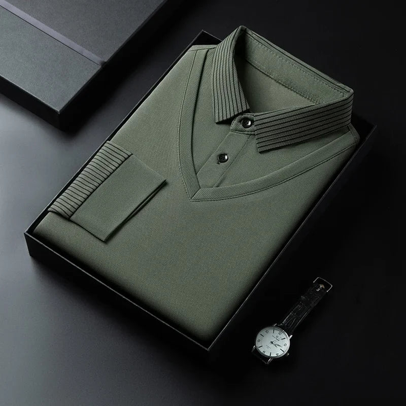 Polo à manches longues pour hommes, décontracté et à la mode, couleur unie, faux deux pièces, Business, toutes saisons, haut polyvalent, nouvelle collection 2025
